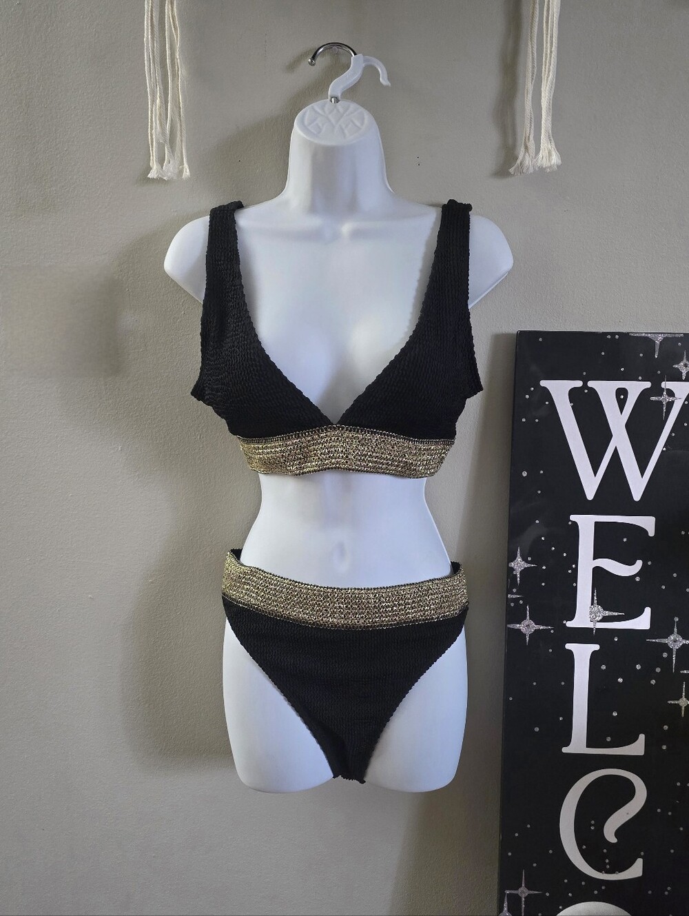 Textured, Black & Gold Two-Piece Bikini Set